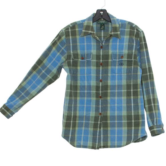 Lauren Ralph Lauren Top Outdoor Camping Rustic Flannel Button Up Green P Petite - Picture 3 of 3